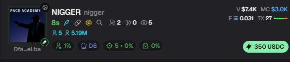 A cryptocurrency trading interface showing a token named 'NIGGER nigger' with a value of $3.0K, market cap $7.4K, and other trading metrics on a dark background.