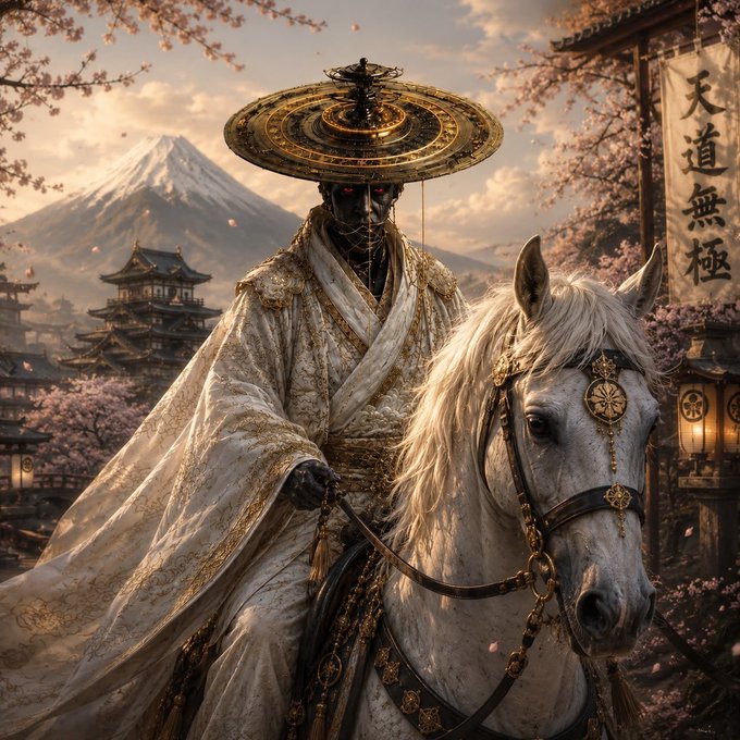 A fantasy digital artwork of a dark, masked figure wearing an ornate gold headdress and robes, riding a white horse with golden tack, set against a backdrop of Mt. Fuji, cherry blossoms, and traditional Japanese architecture.