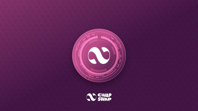 A purple-themed graphic featuring a circular coin/token with an infinity-like symbol and the SwapSwap logo at the bottom.