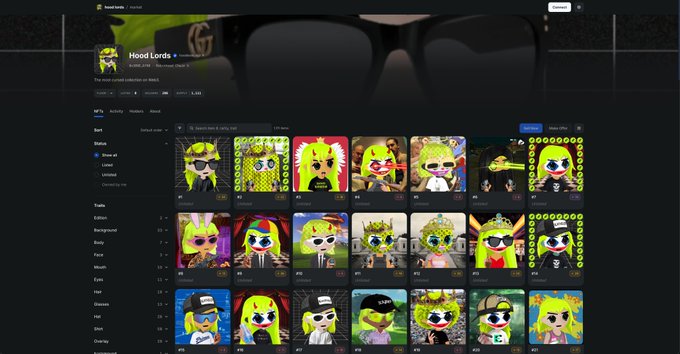 A screenshot of a digital asset marketplace showing a collection called 'Hood Lords' featuring various colorful NFT character portraits, with the title 'Hood Lords' visible at the top.
