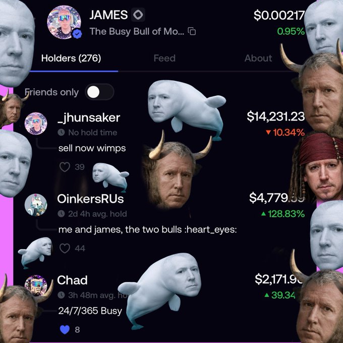 A meme-style crypto profile page for 'JAMES - The Busy Bull of Mo...' showing holders and trading statistics, decorated with surreal images of a man with a seal body, a bull-headed figure, and Jack Sparrow.