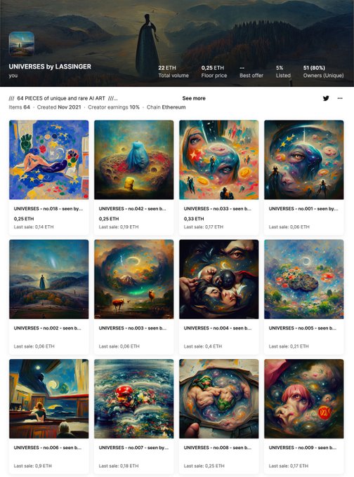 An NFT collection page titled 'UNIVERSES by LASSINGER' showing surreal painted artworks with ETH prices, listing stats including 22 ETH total volume and a 0.25 ETH floor price.