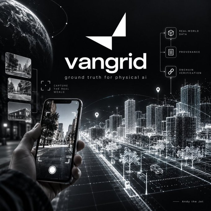 A promotional graphic for 'vangrid' featuring the tagline 'ground truth for physical ai,' showing a smartphone capturing real-world data with icons for real-world data, provenance, and onchain verification.