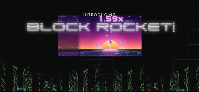 A promotional image with retro-style text reading 'INTRODUCING 1.59x BLOCK ROCKET!' over a synthwave background and pixelated seaweed at the bottom.