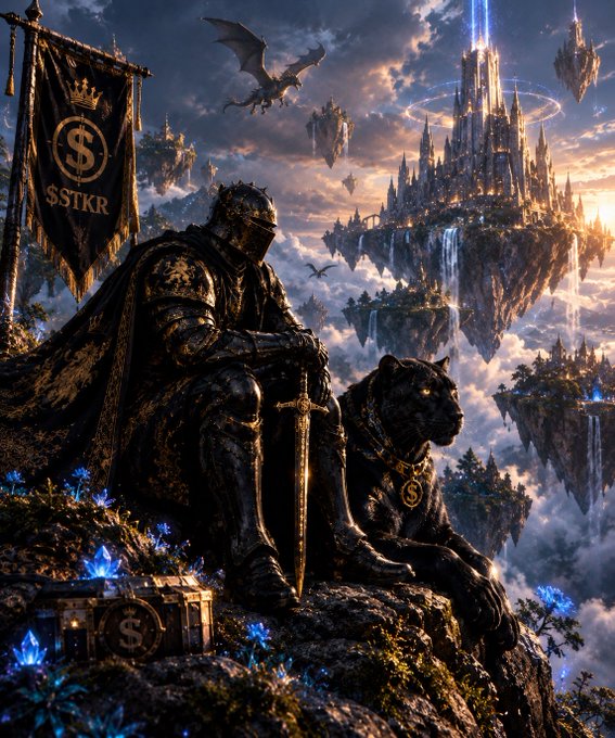 A dark fantasy digital artwork depicting an armored knight sitting beside a black panther on a rocky peak, overlooking floating castles and waterfalls in the sky, with a black banner displaying '$TKR' and treasure chests at the bottom.
