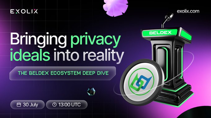 Exolix promotional banner titled 'Bringing privacy ideals into reality' advertising 'THE BELDEX ECOSYSTEM DEEP DIVE' on 30 July at 13:00 UTC, featuring Beldex gas pump imagery.