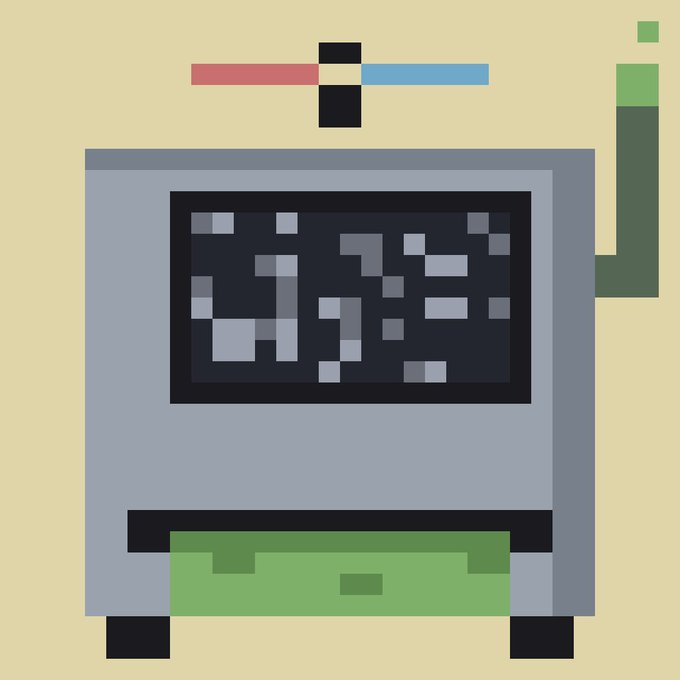A pixel-art illustration depicts a machine resembling a printer or monitor displaying static, with a red and blue bar at the top and green paper/buttons below. The image visually represents "hopium printing"—a metaphor for generating empty optimism or promises without substantial output.