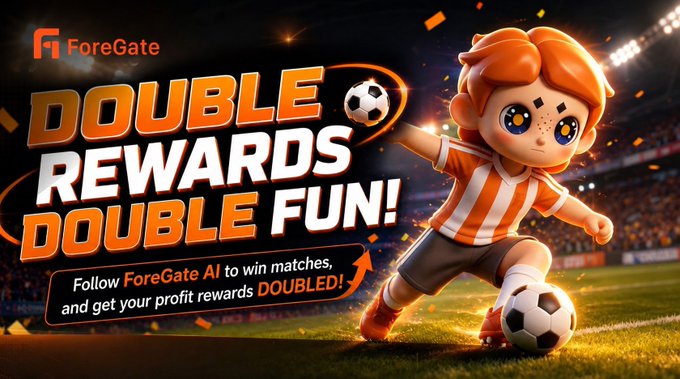 A ForeGate promotional banner with the text 'DOUBLE REWARDS DOUBLE FUN!' featuring a cartoon red-haired character kicking a soccer ball on a stadium field, advertising doubled profit rewards.
