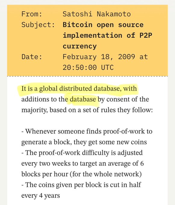 A screenshot of an email from Satoshi Nakamoto dated February 18, 2009, titled 'Bitcoin open source implementation of P2P currency,' describing Bitcoin as a global distributed database with proof-of-work rules.