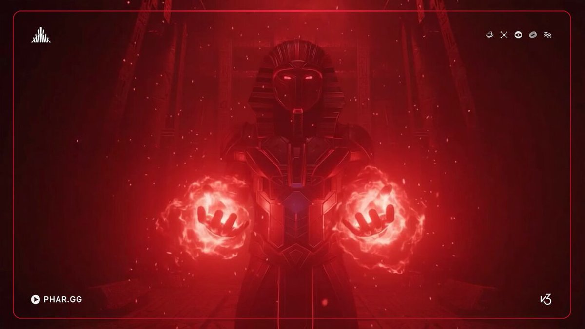 The image shows a poster for a video game called "Pharaoh" with a red background featuring a character wearing a robe, holding two glowing balls of fire. The poster includes text that explains the game's mechanics and features a link to the game's website. The main focus is on the character in the center of the poster, which represents the player controlling the game. The game is described as a major evolution for Pharaoh due to its innovative gameplay strategies and customizable asset deployment options.