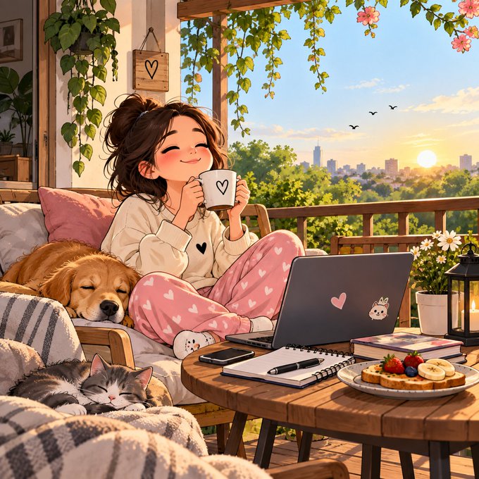 An illustrated scene depicts a girl in heart-patterned pajamas peacefully drinking from a mug on a balcony at sunset, accompanied by a sleeping golden retriever and a cat, with a laptop, notebook, and a plate of waffles and fruit on the table.