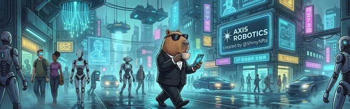 A cyberpunk-themed scene of a busy futuristic city street at night, featuring a bear in a suit and sunglasses using a phone, with prominent signs for 'AXIS ROBOTICS' and 'created by @ShinyVits'.