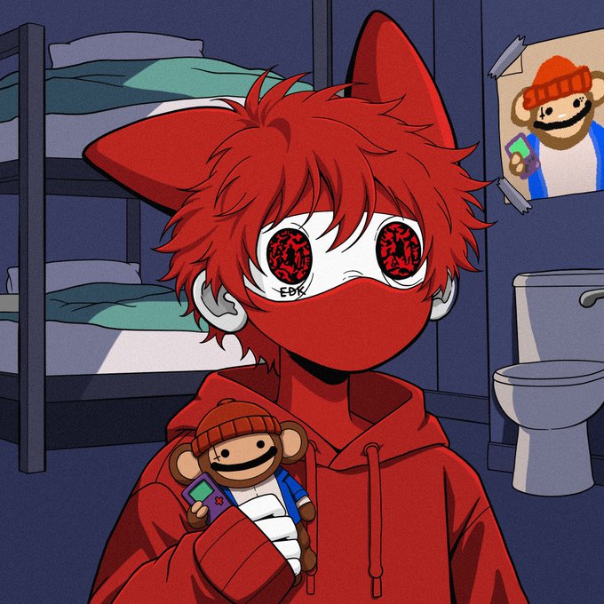 Anime-style illustration of a red-haired character in a red hoodie holding a small monkey plushie, with red swirling eyes and 'EDIK' tattooed under one eye.