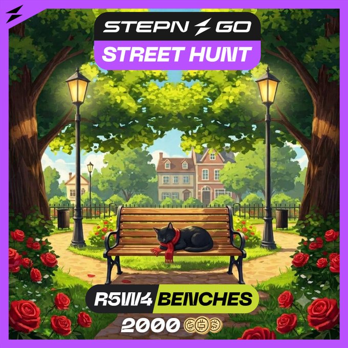 A promotional graphic for 'STEPN GO STREET HUNT' featuring an illustration of a black cat with a red scarf on a park bench, advertising 'BENCHES' for 2000 coins.