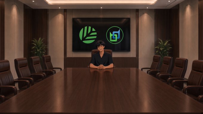 An anime-style character with dark hair sits at the head of a long wooden conference table in a meeting room, with a screen behind displaying a green leaf logo and a stylized 'b' or 'G' logo.