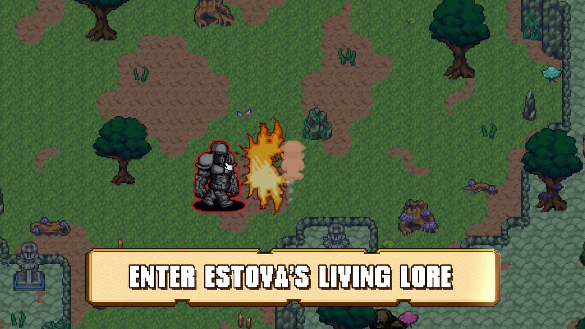 A pixel art video game screenshot shows an armored character in a forest setting with a text banner reading 'ENTER ESTOYA'S LIVING LORE'.