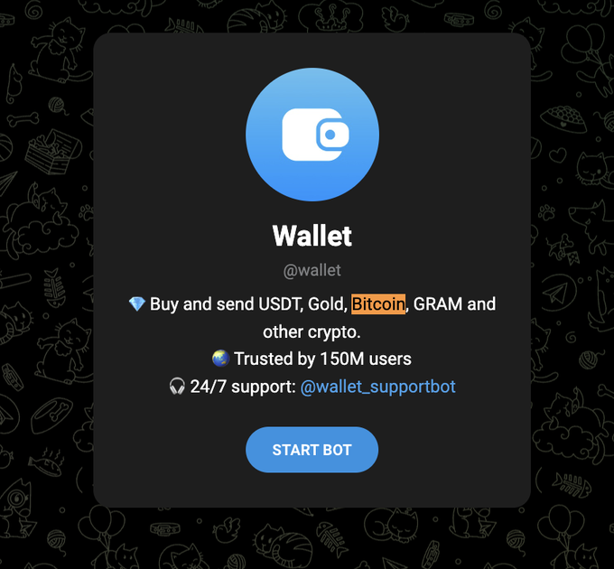 The Telegram Wallet bot (@wallet) is displayed with a "START BOT" button, advertising the ability to "Buy and send USDT, Gold, Bitcoin, GRAM and other crypto" and noting it's "Trusted by 150M users" with 24/7 support via @wallet_supportbot. The image visually illustrates the announcement that Telegram's wallet bot now supports buying and sending Bitcoin.