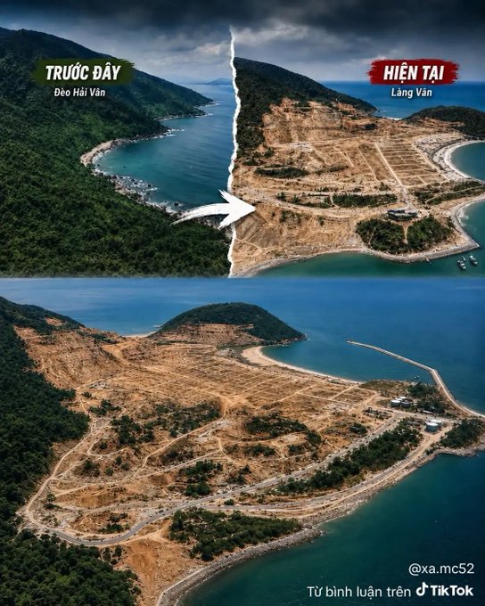 A TikTok comparison image showing before-and-after views of 'Đèo Hải Vân' (now) versus 'Lăng Văn' (present day), depicting massive deforestation and hillside development with the watermark @xa.mc52.