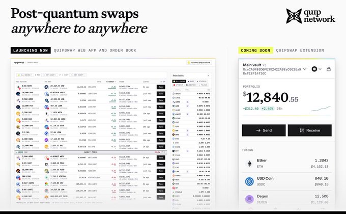 A promotional graphic for 'quip network' advertising 'Post-quantum swaps anywhere to anywhere,' showing screenshots of their 'QUIPSWAP' web app and an upcoming 'QUIPSWAP EXTENSION' with portfolio details.