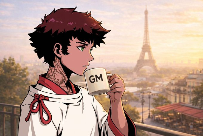 An anime-style illustration depicts a dark-haired youth with a green eye drinking from a white mug labeled 'GM' (Good Morning), with the Eiffel Tower and Paris cityscape at sunrise in the background.