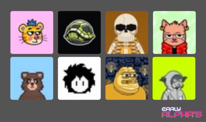 The image showcases a grid of eight pixel-art style character portraits, including a pink cat-like creature, a green shell, a skeleton in sunglasses, a cat in a red jacket, a brown furry character, a black-haired figure, and others, with "EARLY ALPHAS" displayed in pink text in the bottom right corner. The avatars appear to represent the project founders or team members behind early blockchain projects being highlighted in the accompanying post.