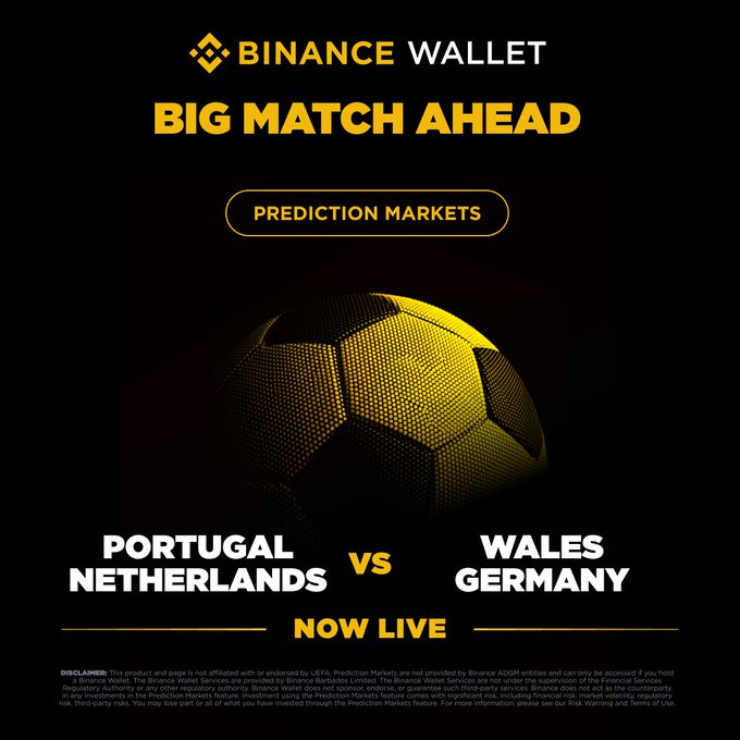 A Binance Wallet promotional graphic featuring a yellow soccer ball with the headline "BIG MATCH AHEAD" promotes its live Prediction Markets for the UEFA Nations League matchups of Portugal vs. Wales and Netherlands vs. Germany, tying into the post's announcement of the PnL Trading Competition with a 100,000 USDT prize pool.