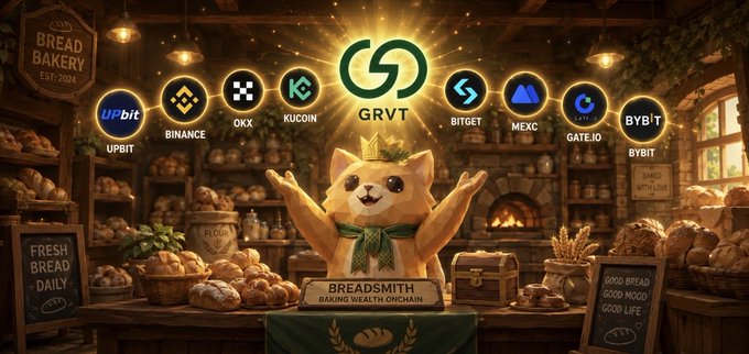 A promotional image for 'GRVT Breadsmith' featuring a crowned Shiba Inu dog character with arms raised, displaying logos of various crypto exchanges including Binance, OKX, KuCoin, Bitget, MEXC, Gate.io, and Bybit.