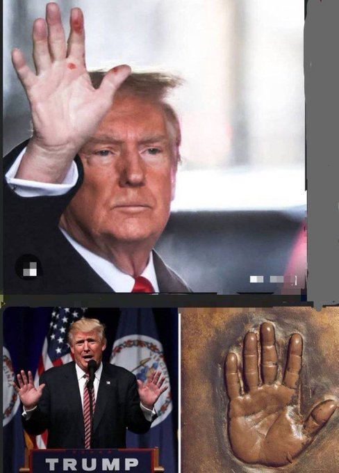 This image shows Donald Trump with a bloodied hand, accompanied by a photo of him speaking at a podium and a handprint, hinting at an upcoming "shocking" announcement related to #ISO20022 and #XRP.