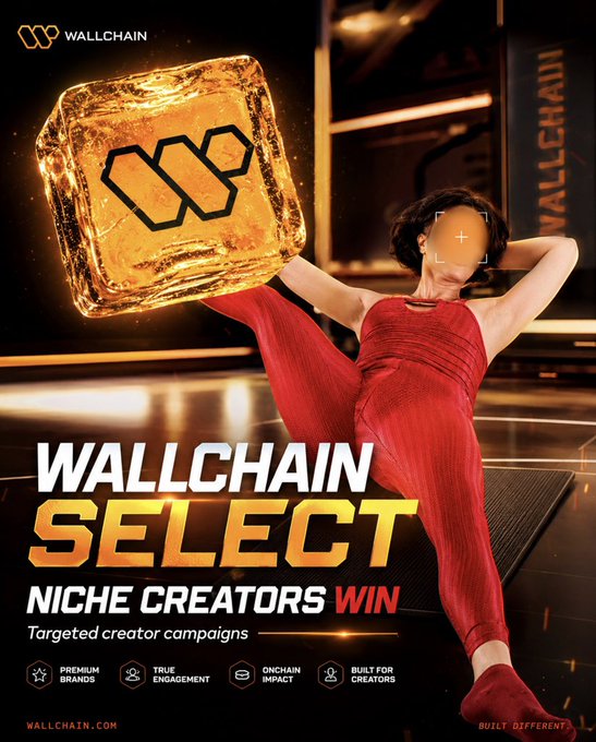 The image features a woman doing a workout, with her legs bent at the knees while holding an ice cube above them. The background of the image shows a gym or fitness center setting. Below the image, there's text that reads "Wallchain Select niche creators win". This suggests that the creator is promoting their services to a specific audience interested in niche content creators and fitness-related topics.

The post also mentions that Wallchain Select campaigns are targeted towards niche creators, which means they are designed for smaller audiences who share similar interests or preferences as the creator. The creator's target audience can be found within this niche, making it easier to reach them with relevant ads or content. This approach is more effective than using a broad audience-based campaign that may not resonate well with the creator's intended audience.