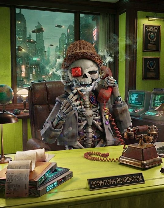 A digital artwork showing a skeleton wearing a brown beanie and tattered jacket, smoking a cigarette and talking on a red rotary phone at a desk labeled 'DOWNTOWN BOARDROOM' in front of a window with a futuristic cityscape.