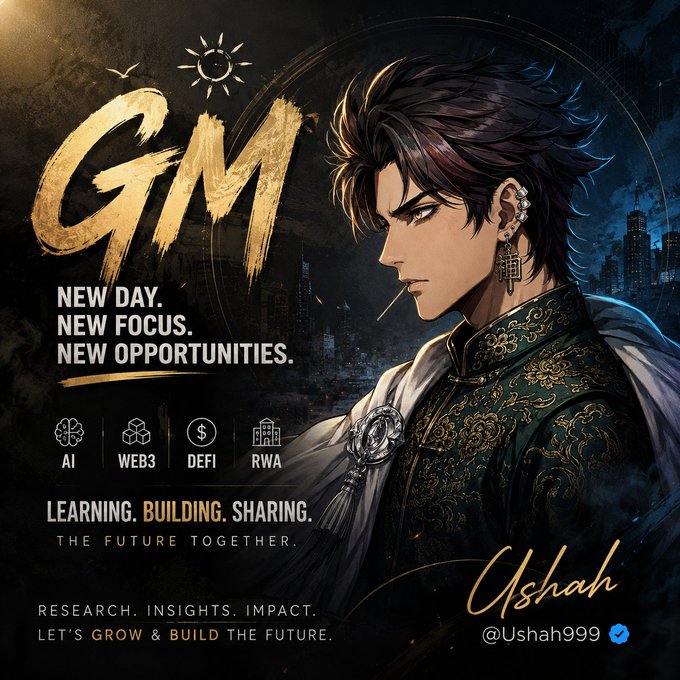 A graphic featuring an anime-style character with the large text "GM" and motivational phrases "NEW DAY. NEW FOCUS. NEW OPPORTUNITIES," along with icons for AI, WEB3, DEFI, and RWA, signed by "Ushah @Ushah999".