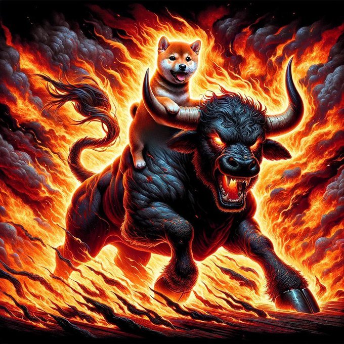 A digital illustration of a fierce black bull with glowing red eyes and horns charging through a fiery landscape, with a small smiling Shiba Inu dog riding on its back.