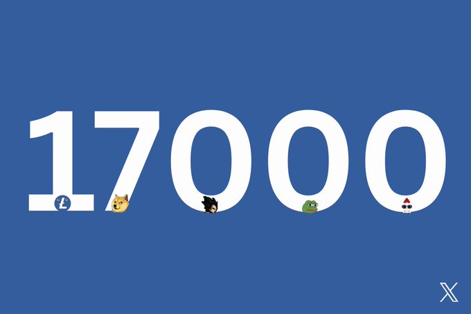 A blue background with the number '17000' in large white text, decorated with small emoji icons (Litecoin, Shiba Inu dog, warrior, Pepe frog, and the Ace of Spades), with an X logo in the bottom right corner.