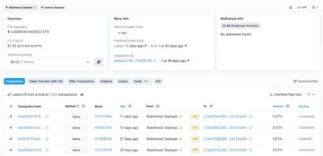 The image displays Etherscan's transaction history for a wallet, showing two "Out" transfers of 27 ETH and 27 ETH labeled "Multichain Deployer," with a combined USD value of $118,154.81, supporting the post's claim of an initial Robinhood test token deployment involving a 30k transaction, contrasted with Binance's earlier 500m+ test token deployment via the Multichain Deployer contract.