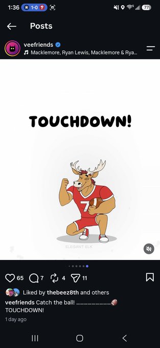 A screenshot of an Instagram post from 'veefriends' showing a cartoon elk mascot in a red football jersey (#71) with the text 'TOUCHDOWN!' displayed above.