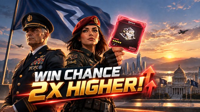 A promotional gaming ad featuring a military officer, a female soldier in a red beret, and a futuristic cityscape with the bold text "WIN CHANCE 2X HIGHER!" alongside an NFT collectible card, directly reinforcing the post's message of doubled odds to pull rare Repolia War VIP NFTs that function as usable in-game items.