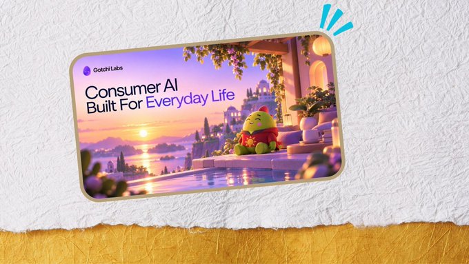 A promotional graphic displayed on a phone showing 'Gotchi Labs' logo and the text 'Consumer AI Built For Everyday Life' with an illustrated character sitting by a pool overlooking a Mediterranean-style coastline at sunset.