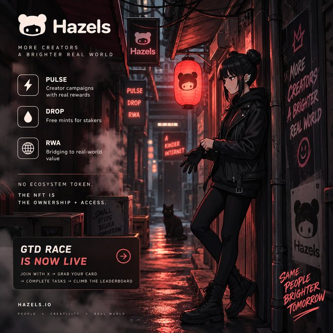 A promotional graphic for 'Hazels' featuring anime-style artwork of a girl in a black leather jacket in a cyberpunk alley. Text includes 'MORE CREATORS A BRIGHTER REAL WORLD', 'PULSE', 'DROP', 'RWA', 'NO ECOSYSTEM TOKEN. THE NFT IS THE OWNERSHIP + ACCESS.', and 'GTD RACE IS NOW LIVE' at hazels.io.