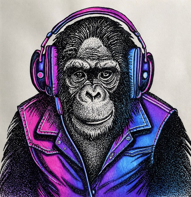 An illustration of a gorilla wearing pink and blue headphones and a colorful purple and blue vest/jacket, drawn in detailed black pen with vibrant neon accents.