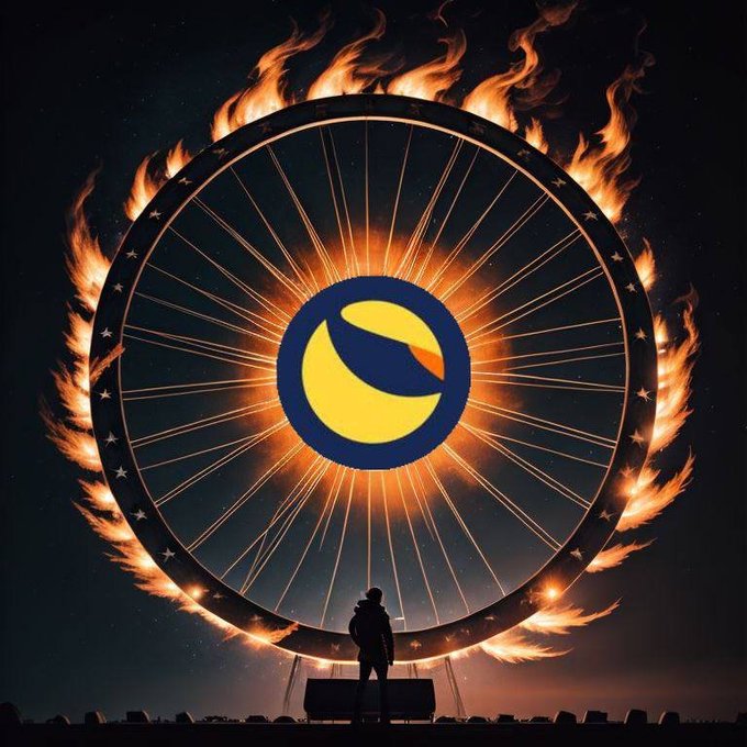 An artistic illustration featuring a silhouetted figure standing before a massive flaming circular emblem with a yellow and blue logo at its center, set against a dark cosmic background.