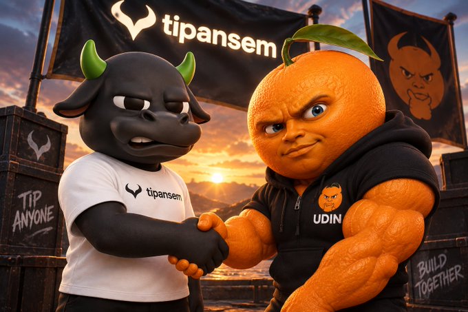 Two muscular 3D-rendered characters, a black bull-like figure and an orange with a face, are shaking hands in front of banners for 'tipansem' and 'UDIN', with crates reading 'TIP ANYONE' and 'BUILD TOGETHER' nearby.