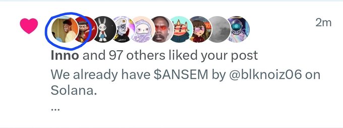 The image shows an Instagram notification indicating that "Inno and 97 others liked your post," with the post text reading "We already have $ANSEM by @blknoiz06 on Solana." The notification humorously relates to the caption's joke about mistaking the engagement for @blknoiz06 interacting with the post, prompting fantasies of a $1M $ANSEM airdrop.