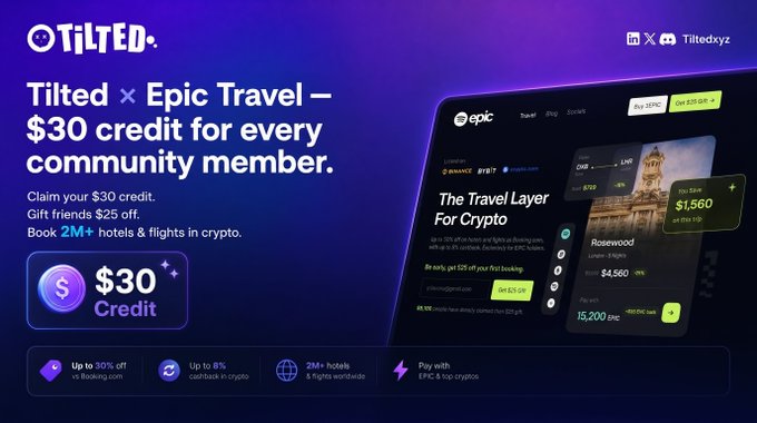 The image features a post on Instagram advertising a cryptocurrency called "Epic" with an accompanying description of the travel layer they are using, Epic Chain. The post suggests a potential offer for $30 credit for joining the community or using their travel layer. The photo is in focus and does not contain any text that would be relevant to this image's content.