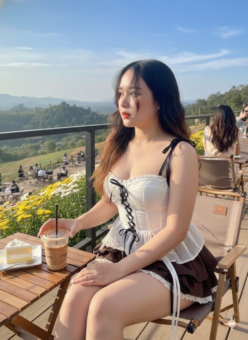 A young woman with long dark hair sitting at an outdoor cafe table wearing a white and brown dress, with a slice of cake, an iced coffee, and a scenic view of green hills behind her.