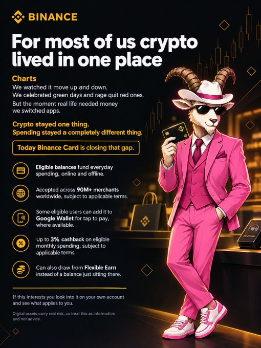 Binance advertisement featuring a goat in a pink suit and fedora holding a Binance Card, with text reading 'For most of us crypto lived in one place' and detailing benefits like '90M+ merchants worldwide' and 'up to 3% cashback.'