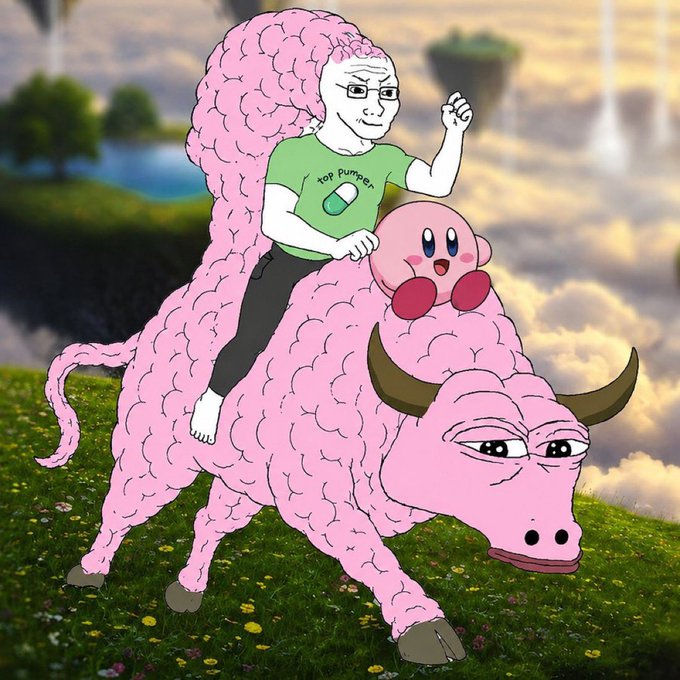 A cartoon illustration of a soyjak-style figure wearing a green "TOP DUMMER" shirt riding a pink, fluffy Kirby-cow hybrid with horns across a grassy landscape.