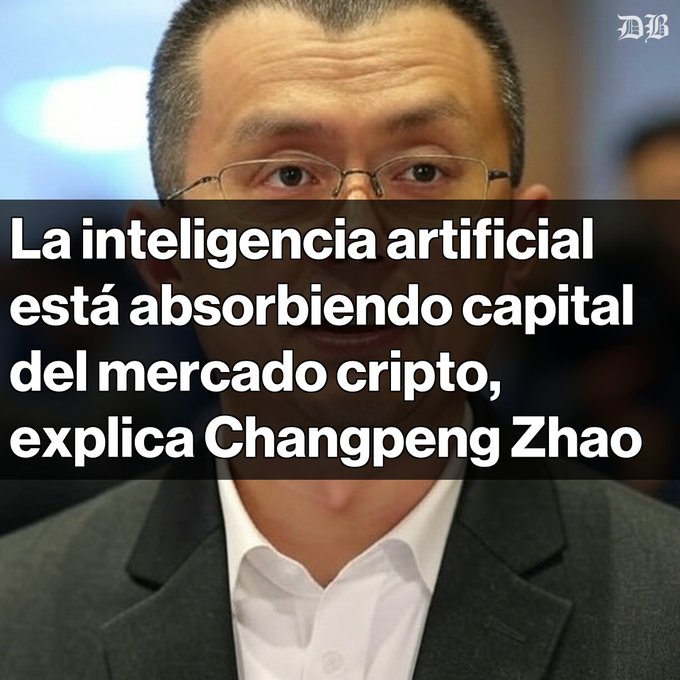 A close-up photo of Changpeng Zhao (CZ), founder of Binance, wearing glasses and a suit, with the Spanish headline "La inteligencia artificial está absorbiendo capital del mercado cripto, explica Changpeng Zhao" (translation: "Artificial intelligence is absorbing capital from the crypto market, explains Changpeng Zhao") overlaid across the image. The image visually supports the article's claim that CZ attributes the crypto market downturn to investors shifting funds toward AI investments.