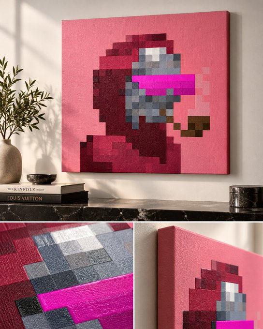 A pixel art style canvas print depicts a red Among Us crewmate character on a pink background, displayed on a shelf above books titled 'THE KINFOLK HOME' and 'LOUIS VUITTON', with close-up detail shots showing the textured fabric.