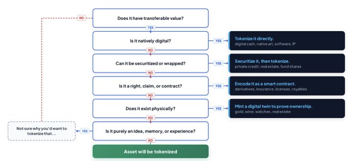 A flowchart titled with questions about whether an asset will be tokenized, including decision points like 'Does it have transferable value?' and 'Is it natively digital?', leading to outcomes such as 'Tokenize it directly' or 'Not sure why you'd want to tokenize that...'.
