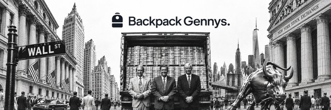 A black-and-white composite image features the Wall Street sign, the New York Stock Exchange, the Charging Bull statue, three businessmen, and a truck full of money, overlaid with the text 'Backpack Gennys.'